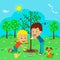 Boy and girl plant tree