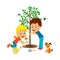 Boy and girl plant tree
