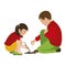 Boy and girl planting an apple seed in the ground. Friends. Isolated Vector Illustration