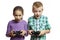 Boy and girl playing games console