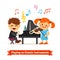 Boy and girl playing music on piano, violin