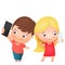 Boy and girl posing together and making selfie. Funny cartoon children character. Vector illustration