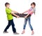 Boy and girl pulling skate on sides