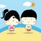 Boy and girl ready for swim in summer, vector
