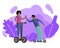 Boy and girl riding scooters flat vector illustration. Friends, couple in love, smiling young people on electric and