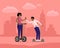 Boy and girl riding scooters in town flat vector illustration. Friendship, evening walk, active leisure, rest together