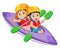 The boy and girl are rowing the canoe with the paddle