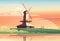 A boy and a girl are running through a meadow near an old windmill at sunset. Vector illustration