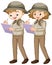 Boy and girl in safari writing notes on white background