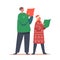 Boy and Girl Sing Carols with Books. Children Caroling, Happy Kids Characters in Santa Claus Hats and Knit Sweaters Sing