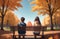 boy and girl sit on bench in autumn park ai generated