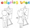 Boy and girl standing at the easel and paint colors. Educational