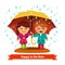 Boy and girl standing in the rain under umbrella