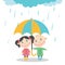 Boy and girl standing in the rain under umbrella.