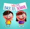 Boy and girl student vector character with happy smile holding placard