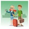Boy and girl suitcase rucksack smartphone glasses traveler urban background