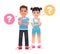 A boy and a girl surrounded by question bubbles. Children\\\'s problems. Young children have a question.