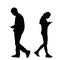 Boy and girl talking and watch on phone, separated with their back to back vector silhouette.