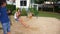 Boy and girl teenager swinging on a swing with bare feet on the green lawn of the backyard of his house