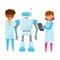 Boy and Girl Teenagers Wearing Laboratory Suits Configurating Robot with Tablet Vector Illustration