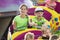 Boy and Girl on a thrilling roller coaster ride at an amusement park