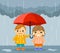 Boy and girl with umbrella standing under rain