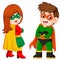 the boy and the girl is using the superheroes costume and the mask