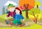 Boy and girl walking in the park in autumn, cartoon illustration, vector illustration