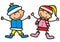 Boy and girl at winter dress, happy kids, vector icon