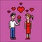 Boy gives flower to a girl, valentines day, pixel art vector illustration