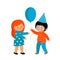 A boy gives a girl a gift. A little girl gets a balloon as a gift.