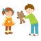 The boy gives the girl a teddy bear