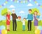 Boy Giving Holiday Present to Happy Grandfather, Relatives Congratulating Grandparent with Birthday Party Event Outdoors