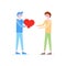 Boy giving red heart to boy, father. Flat vector illustration