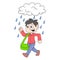 Boy is going to school full of enthusiasm even though rainy season, doodle icon image kawaii
