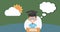Boy with graduation hat icon against cloud and sun icon