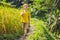 Boy on Green cascade rice field plantation. Bali, Indonesia Traveling with children concept. Teaching children in