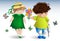A boy in a green t-shirt gives a bouquet to a girl in a green dress and a straw hat, around fly butterflies, romance, love, a date