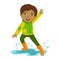 Boy In Green And Yellow Jacket, Kid In Autumn Clothes In Fall Season Enjoyingn Rain And Rainy Weather, Splashes And