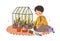 Boy growing green plants in pots and care about kitchen-garden. Happy smiling child and his greenhouse. Kid farmer at