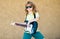 Boy with guitar. Child plays a guitar and sings, kids music and song. Child musician guitarist playing electric guitar.