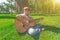 A boy with a guitar sits under a tree, wide angle photo