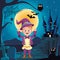 Boy with halloween wizard costume in front house at night vector design