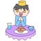 Boy is happy at the dining table when breaking the fast of Ramadan Kareem. doodle icon image kawaii