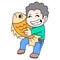 Boy is happy to get a big fish from fishing, doodle icon image kawaii