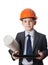 The boy in hardhat holds sheet of paper and tablet PS