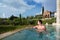 Boy having a thermal bath in the green of Tuscany