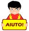 Boy with help sign, italian language, cartoon, isolated.