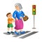 Boy helping old lady cross the street. Vector