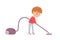 Boy helping vacuum clean. Kid helps cleaning floor at home vector illustration. Little happy child holding cleaner in